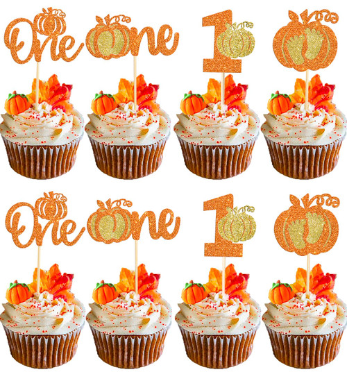 Rsstarxi 24 Pack Pumpkin One Cupcake Toppers Glitter Pumpkin 1st Birthday Cupcake Picks for Fall Theme Baby Shower Kids First Birthday Party Cake Decorations Supplies Orange