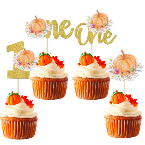 Rsstarxi 24 Pack Pumpkin One Cupcake Toppers Baby Shower 1st Birthday Cupcake Picks Decorations Kids First Birthday Cake Decorations for Pumpkin Theme 1st Birthday Party Decorations Gold Orange