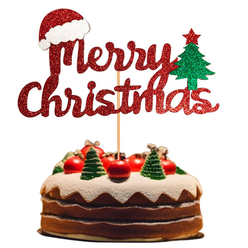 Merry Christmas Cupcake Toppers Xmas Cake Toppers Red Glitter with Merry Christmas Letter Xmas Tree Cake Topper Decoration for Christmas Theme Party Cake Decorations Supplies