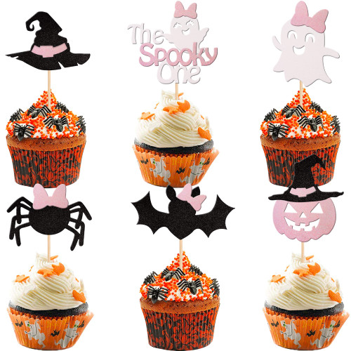 24 PCS Spooky One Halloween Cupcake Toppers Pink Black Glitter Bat Pumpkin Spider Witch Hat Spooky Cupcake Picks for Halloween Theme Baby Shower Kids 1st Birthday Party Cake Decorations Supplies