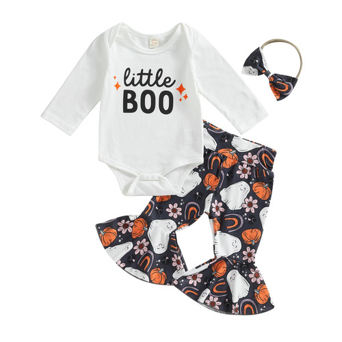 MAINESAKA Infant Baby Girl Bell Bottom Outfit Fall Halloween Pumpkin Long Sleeve Bodysuit Romper Flare Pant With Headband Set (A-Ghost, 6-12 Months)