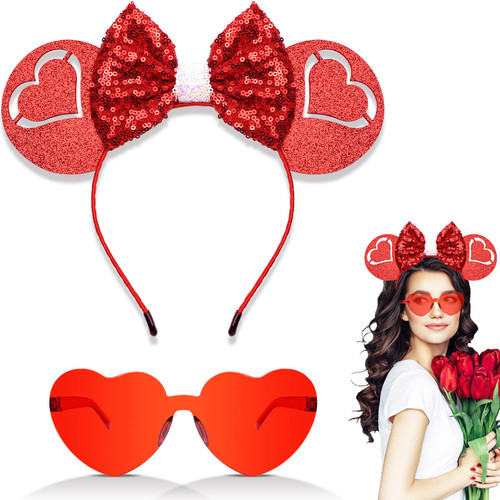 Valentines Boppers Heart Head Headbands and Red Heart Shape Sunglasses Valentine's Day Headband with Mouse Ears Sequin Glitter for Party Props Halloween Wedding Birthday Costume Accessory