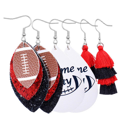 Azusa Sun 3 Pairs Football Leather Earrings Layered Glitter Dangle Earrings Red Black Tassel Dangle Earrings Set Game Day Sports Lover Jewelry Gifts