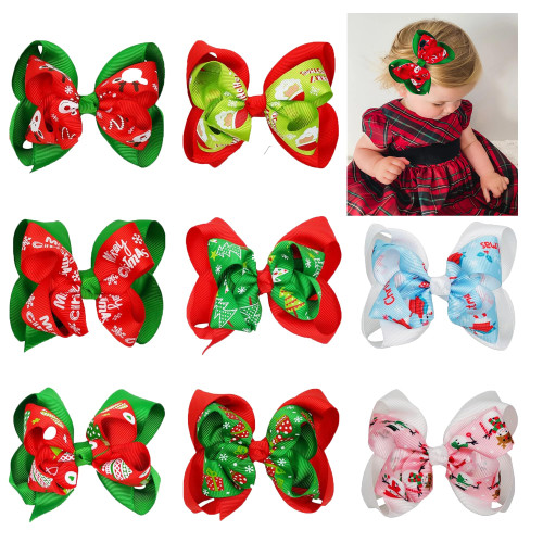 8 PCS Christmas Hair Bows for Girls Baby Toddler Hair Clips 4'' Large Hair Bows Double Layers Grosgrain Ribbon Hair Bows Barrettes Christmas Hair Accessories for Girls