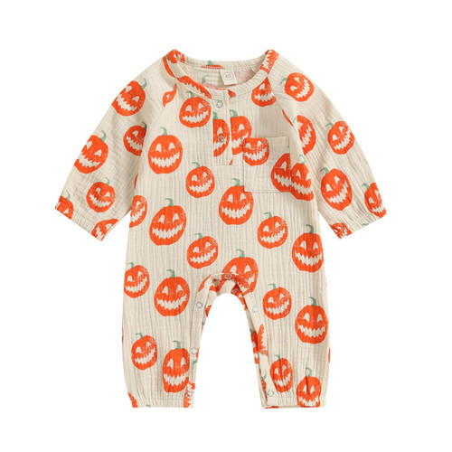 Infant Baby Boy Girl Halloween Outfit Pumpkin Long Sleeve Romper Jumpsuit Halloween Clothes (Orange A, 0-3 Months)