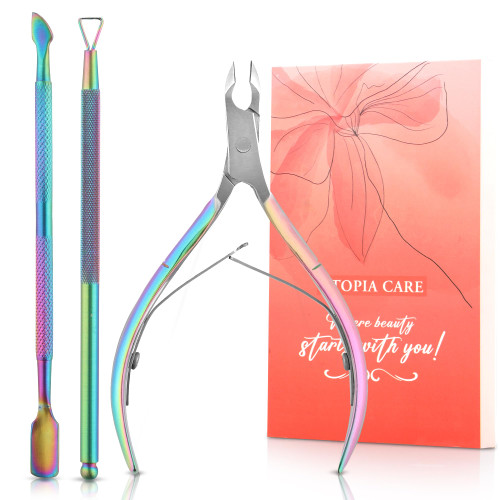 Utopia Care Cuticle Stainless Steel Trimmer with Cuticle Pusher, Nail Cuticle Trimmer Set, Sharp Cuticle Nippers Professional, Nail Cuticle Pusher Tool, Nail Cuticle Remover Tool Kit - Rainbow
