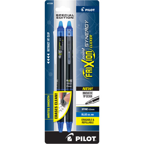 PILOT FriXion Synergy Clicker Erasable Retractable & Refillable Gel Pens, 0.5mm Extra-Fine Point, Black Barrel, Blue Ink, 2 Pens