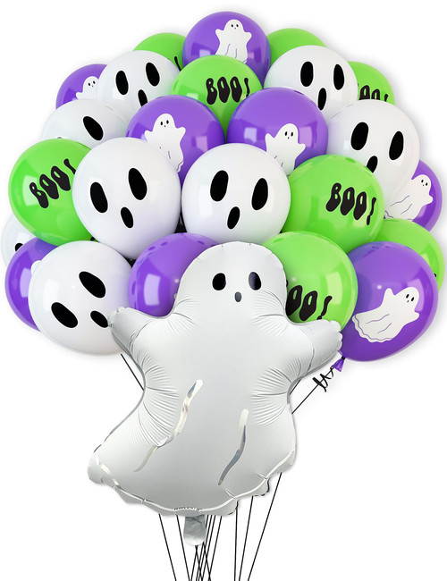 HOUSE OF PARTY Halloween 20'' Ghost Foil Balloons with 50PCS White Purple Ghost Green Boo Latex Balloons for Halloween Party Decorations, Halloween Party Balloons for Birthdays Party Supplies HOUSE OF PARTY Halloween 20'' Ghost Foil Balloons with 50PCS White Purple Ghost Green Boo Latex Balloons for Halloween Party Decorations, Halloween Party Balloons for Birthdays Party Supplies