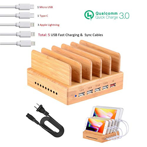 Bamboo Charging Station,USB Charging Station Dock 5- Port OthoKing Charging Stand Organizer Multiple Charger Station & Desktop Docking Station Compatible with Smartphone,Tablets,Samsung Galaxy