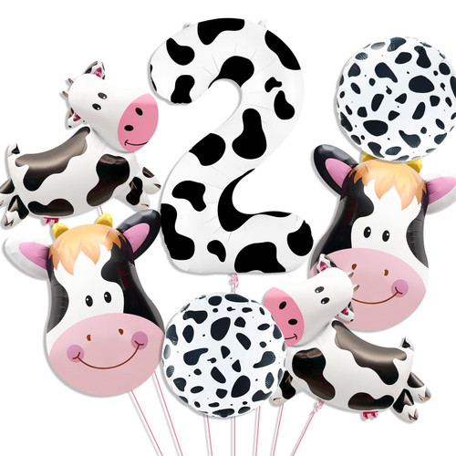 7Pcs Cow Balloons - Cow Print Balloon Huge Cow Head Foil Balloons Number 2 Balloon Cow Decorations for Moo Moo Im Two Birthday Decorations Farm Animal Western Cowboy Theme Party Decoration