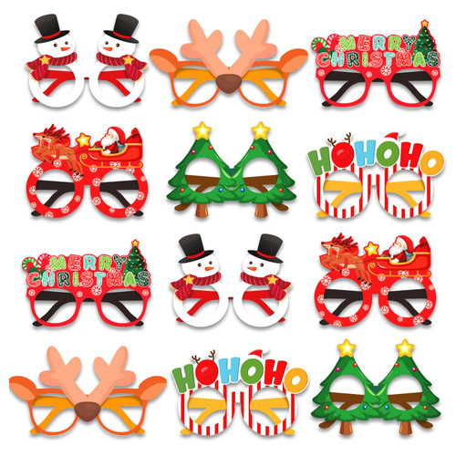 PARTYWIND Christmas Eyeglasses for Kids, Christmas Paper Glasses for Party Decorations Costume, Xmas Holiday Party Supplies Favors, Antler Santa Snowman Photo Booth Props (12 Styles)