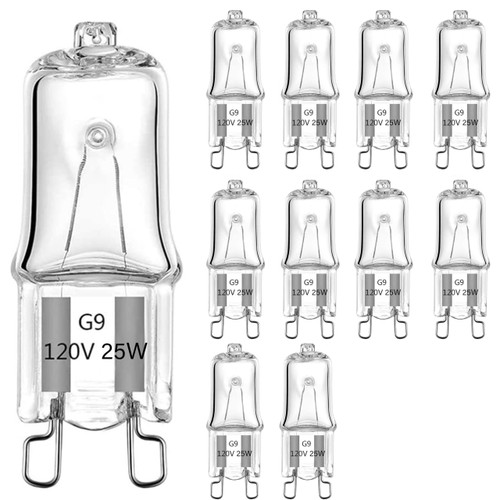 Guo's hyekbe 10 Pack G9 Halogen Bulb? G9 Bulb 2 Pin Base JCD Type,120V T4 Bi-Pin Xenon Small Light Bulb for Range Hood Lights, Chandeliers, Pendants, Warm White 2700K. (25, Watts)