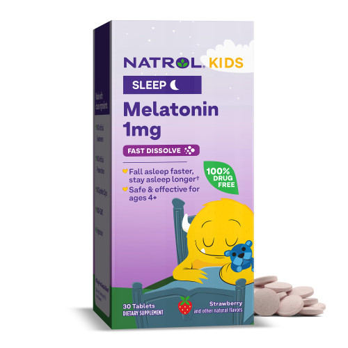 Natrol Kids 1mg Melatonin Fast Dissolve Sleep Aid Tablets, with Lemon Balm, Supplement for Children Ages 4 and up, Drug Free, Dissolves in Mouth, 30 Strawberry Flavored Tablets