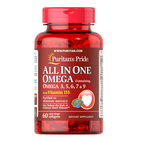 Puritan's Pride All in One Omega 3, 5, 6, 7 and 9 with Vitamin D3, 60 Count(Pack of 1)