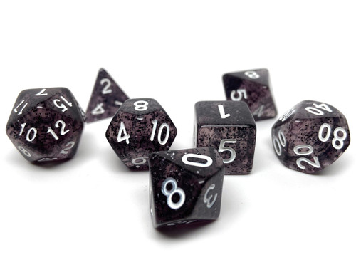 Glitter and Sparkle Polyhedral Dice Set - 7 Piece Dice Set with One D20, D12, D10, D8, D6, D4, and D00 (Black Sparkle with White Font)