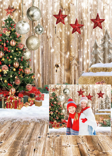 CHAIYA 5X7FT Christmas Backdrop Wood Floor Backdrop Winter Snow Xmas Tree Gift Christmas Family Party Background New Year Party Decoration Backdrop CY243