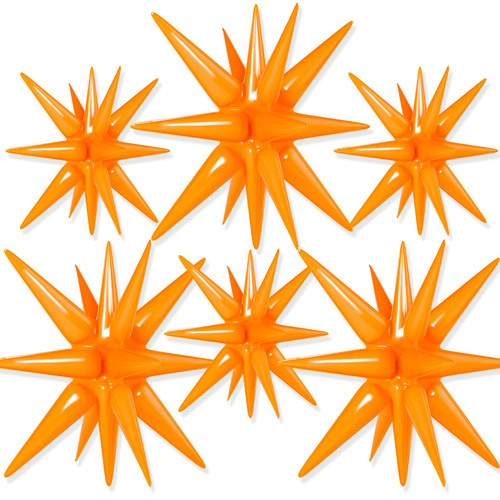 PartyWoo Pastel Orange Star Balloons 6 pcs, One-Piece 14-Pointed Starburst Balloons, 27 & 22 inch Star Explosion Balloons with Ribbon, Point Star Foil Balloons, Mylar Balloons for Party Decorations