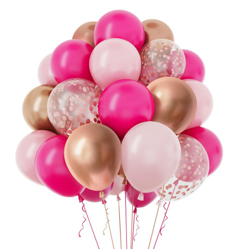 RUBFAC 100pcs 12 Inches Pink Balloons Arch Garland Kit, Hot Pink Rose Gold Metallic Balloons for Birthday Shower Princess Theme Party Background Decorations