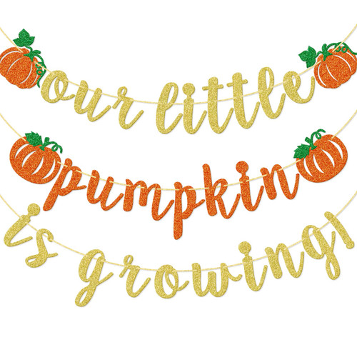 Qttier Our Little Pumpkin Is Growing Banner, Fall Birthday Banner, Thanksgiving Pumpkin Sign for Baby Shower Gender Reveal 1st Birthday Party, Orange and Gold Glitter