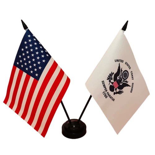 America & Coast Guard Twin Desk Flag, USA Coast Guard and American Table Flag, 8 x 5 Inches US & Coast Guard Military Office Desk Table Flags -Coast Guard Decorations, USA & Coast Guard Stick Flag with Flag Stand