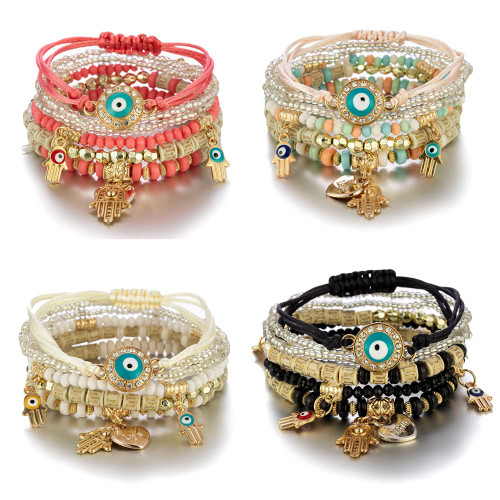 4/2 Sets Bohemian Stretch Beads Bracelets Multilayer Evil Eye Hamsa Hand Bracelet Boho Charms Stackable Bracelet Handmade Multicolor Crystal Beaded Lucky Protection Bangles Strand Set - 4 Pcs