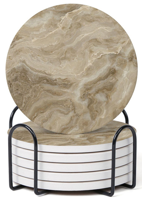 Hoomey Set of 6 Abstract Marble Coasters with Holder, Absorbent Ceramic Coasters for Drinks, Coasters with Cork Backing for Table Protection, Housewarming Gifts for New Home