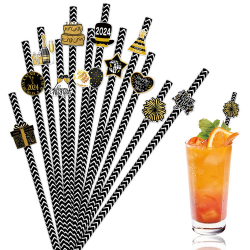 Hying 24 Pieces 2024 New Year Paper Straw Disposable Paper Drinking Straws Black White Stripes Straws with New Year Cutouts Xmas Holiday Straws for New Year Eve Decorations Christmas Party Favors