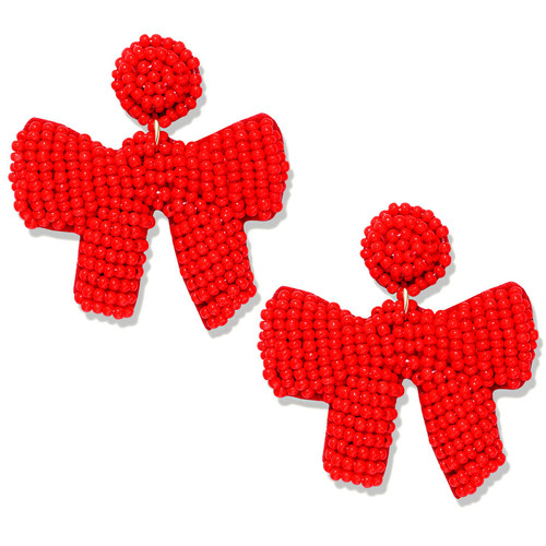 Christmas Earrings Beaded Xmas Bow Earring for Women Handmade Red Green Holiday Bow Drop Dangle Earrings Festive Jewelry Gifts (Red)