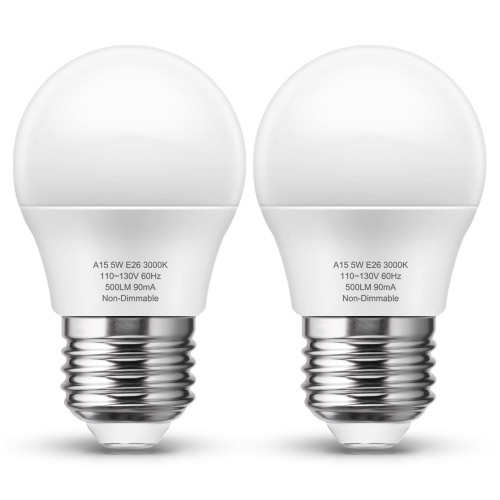 LOHAS A15 LED Bulb Refrigerator Light Bulb, 40W Equivalent Appliance Bulb, 5W LED 120V Fridge Lights, E26 Medium Base Ceiling Fan Light, Waterproof for Freezer Home Bathroom Kitchen, Not-Dim, 2 Pack