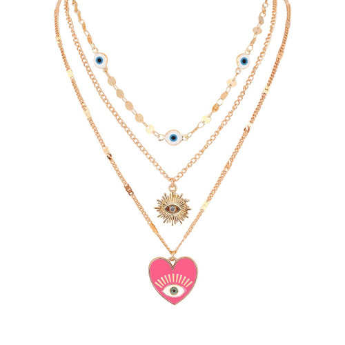 3PCS Evil Eye Necklace for Women Teen Girls Pink Heart Evil Eye Pendant Gold Layered Necklace Rhinestone Evil Eye Choker Necklace Protection Adjustable Necklace Jewelry Gifts for Her Birthday Christmas