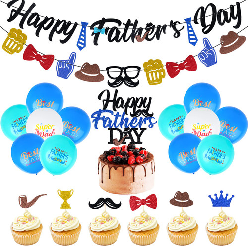 KIMOBER Father's Day Party Decorations,27Pcs Glitter Fathers Day Decorations with Banner Balloons Cake Cupcake Topper for Happy Father's Day Party Supplies