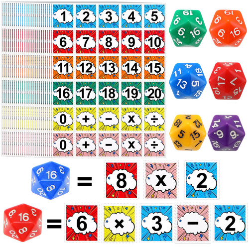 Jenaai 36 Pcs Dice Games for Educational Math Games Include 6 Pcs 20 Sided Colored Number Dices and 30 Pcs Math Cards Learning Math Kindergarten Games Classroom
