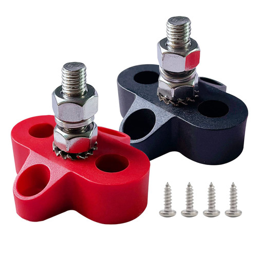 1/4" Single Stud Battery Junction Posts, Ampper M6 Heavy Duty Power and Ground Junction Block Power Distribution Studs Terminal Kit, Pack of 2 (Red and Black)
