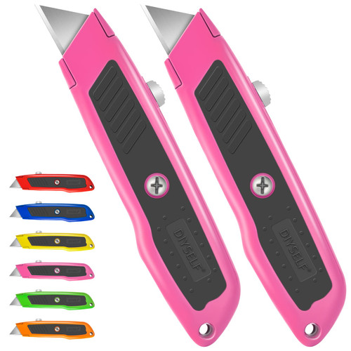 DIYSELF 2 Pack Box Cutter Retractable Heavy Duty Utility Knife, Ergonomic Razor Knife for Warehouse, Office, Exacto Knife Box Opener for Package, Cardboard (Pink)