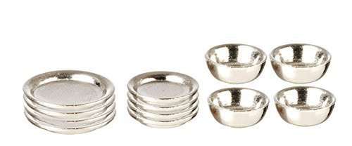 Melody Jane Dollhouse Chrome Plate & Dish Set Miniature Metal Dining Accessory