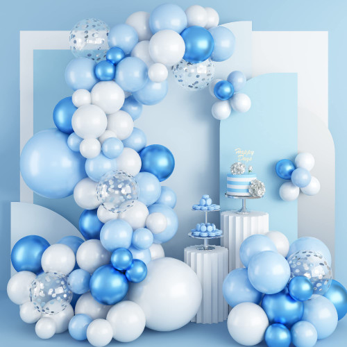 Blue Balloon Garland Arch Kit, 95pcs Baby Blue and White Balloon Garland Kit with Metallic Blue Balloons Silver Confetti Balloons, Macaron Light Blue Balloons for Baby Shower Birthday Wedding Decor