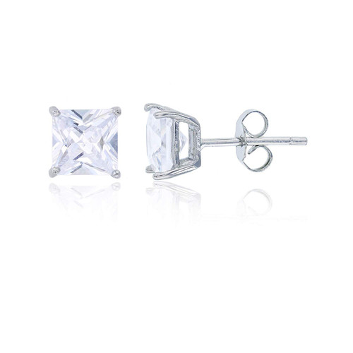 Sterling Silver White 8mm AAA Cubic Zirconia Square Princess Solitaire Stud Earrings