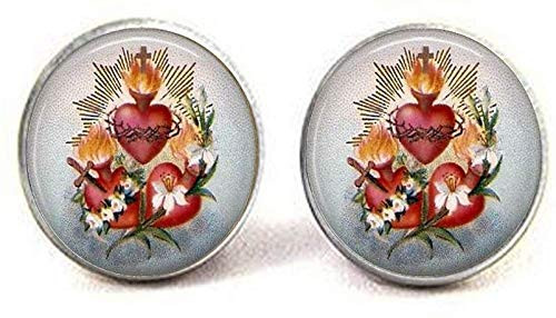 Three Sacred Hearts with Flowers Earrings Heart of Jesus Religious Jewelry Gift Three Sacred Hearts with Flowers Earrings Heart of Jesus Religious Jewelry Gift