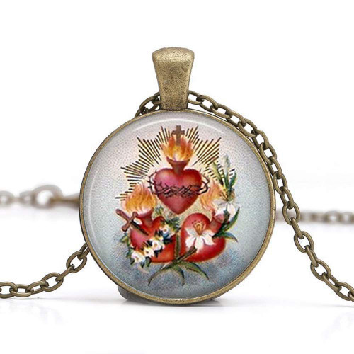 Three Sacred Hearts with Flowers Pendant Necklace Heart of Jesus Religious Jewelry Gift Three Sacred Hearts with Flowers Pendant Necklace Heart of Jesus Religious Jewelry Gift