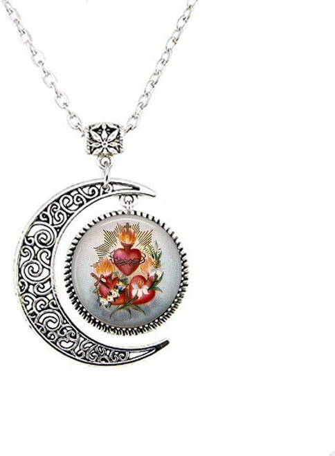 Three Sacred Hearts with Flowers Moon Necklace Heart of Jesus Religious Jewelry Gift Three Sacred Hearts with Flowers Moon Necklace Heart of Jesus Religious Jewelry Gift
