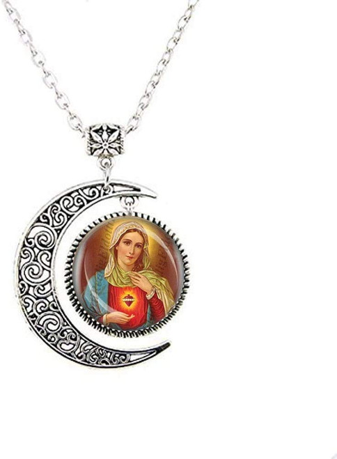 The Sacred Heart of Mary Catholic Christian Religious Medal Moon Necklace Charm Gift The Sacred Heart of Mary Catholic Christian Religious Medal Moon Necklace Charm Gift