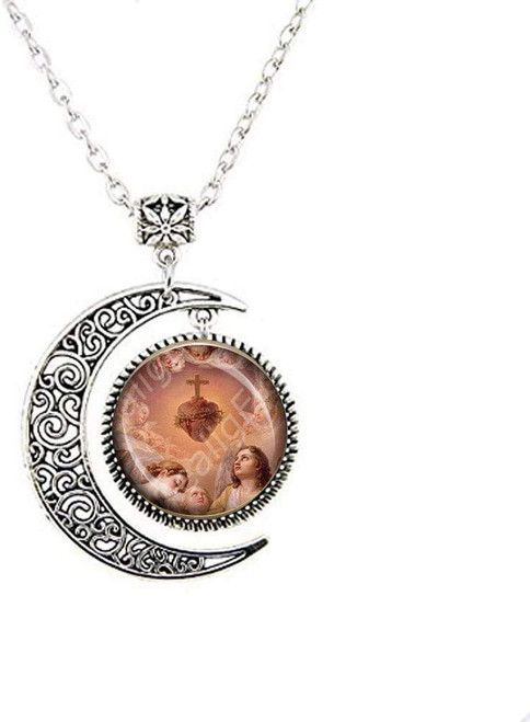 Jesus Sacred Heart and Angels Medal Catholic Moon Necklace Religious Jewelry Jesus Sacred Heart and Angels Medal Catholic Moon Necklace Religious Jewelry