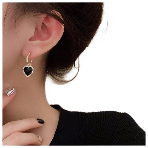 Andelaisi Boho Onyx Heart Drop Earrings Black Gemstone Heart Dangle Earrings Gold Rhinestone Heart Hoop Earrings Bling Cz Heart Stud Earrings Jewelry for Women and Girls