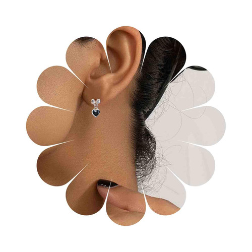 Iaceble Boho Black Heart Stud Earrings Onyx Heart Dangle Earrings CZ Bow Earrings Sparkly Crystal Bowknot Heart Earrings Jewelry for Women and Girls