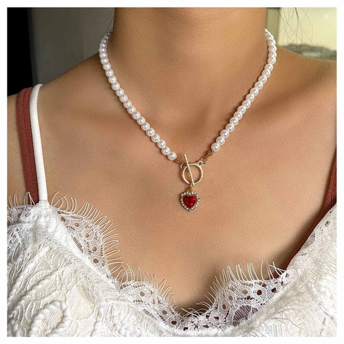 Erimberate Bohemian Red Heart Necklace Chain Vintage Pearl Choker Necklace Cz Heart Pendant Necklace Toggle Clasp Necklace Choker Jewelry for Women and Girls (Red Crystal) Erimberate Bohemian Red Heart Necklace Chain Vintage Pearl Choker Necklace Cz Heart Pendant Necklace Toggle Clasp Necklace Choker Jewelry for Women and Girls (Red Crystal)