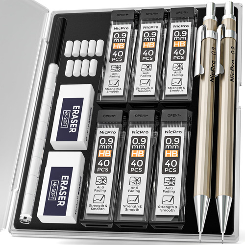 Nicpro 2 PCS 0.9 mm Metal Mechanical Pencils Set, Drafting Pencil for Artist Writing, Sketching, Drawing, with 4 Tubes HB Lead Refill & Erasers, Erasers Refills & Storage Case