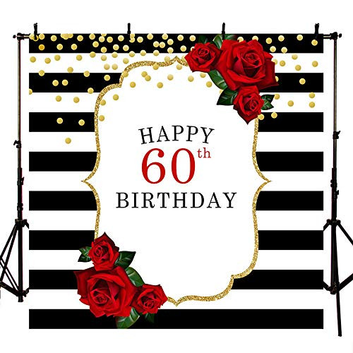 MEHOFOTO Happy 60th Birthday Photo Studio Booth Background Black and White Stripes Red Rose Flowers Gold Dots Party Banner Backdrops for Photography 8x8ft MEHOFOTO Happy 60th Birthday Photo Studio Booth Background Black and White Stripes Red Rose Flowers Gold Dots Party Banner Backdrops for Photography 8x8ft