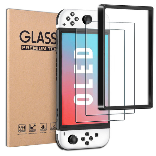 KAHEAUM Tempered Glass Screen Protector for Nintendo Switch OLED Screen Protector 7 inch Designed,2 Pack Anti Scratch Hardness HD Clear 2021 OLED Switch Screen Protector with Easy Alignment Frame Kit