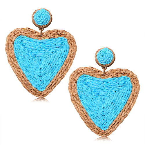 Boho Rattan Earrings for Women Handmade Straw Wicker Braid Heart Drop Dangle Earrings Statement Raffia Weaving Earrings Summer Beach Vacation Accessory Jewelry Gifts
