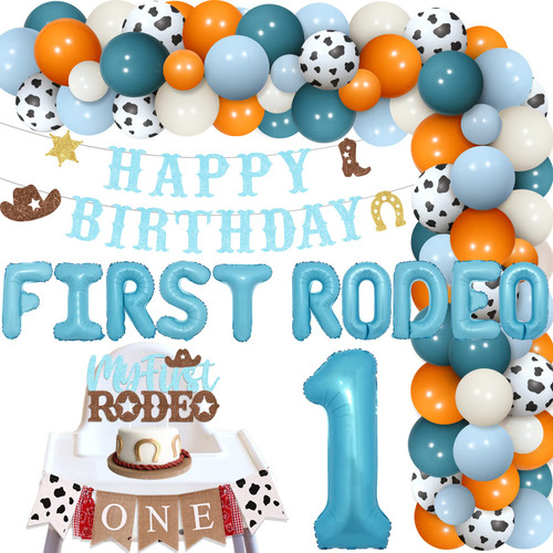 First Rodeo Birthday Party Decoration Western Cowboy 1st Birthday Balloon Garland Kit for Boys with Cowboy Happy Birthday Banner My First Rodeo Cake Topper for Western Theme Bday Party Supplies